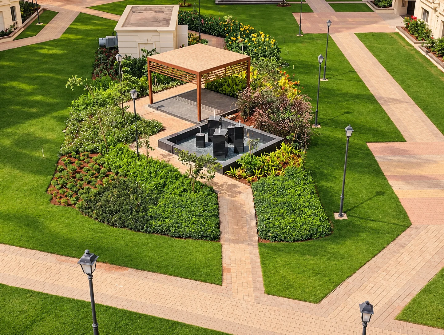 Landscaped garden space within the Fortune City environment
